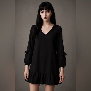 AQUA Dress Women Size XS Mini Black V Neck Ruffle Trim Long Sleeve Shift goth